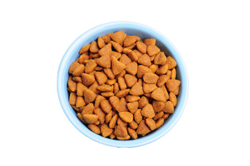 Blue ceramic dogs bowl. Dry dog food in bowl isolated on white background. Dry dog food isolated on white background
