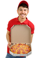 Delivery boy with cardboard pizza box isolated on white