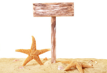 Wooden signboard with sand isolated on white