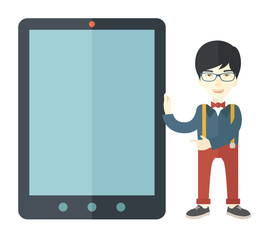  Asian businessman holding a big screen tablet.