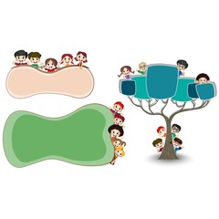 Happy children peeping behind sheet and tree vector for your design