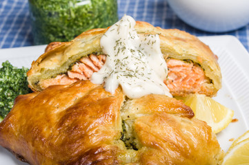 Salmon fillet baked in puff pastry wrap