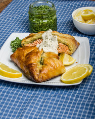 Salmon fillet in pastry with kale pesto