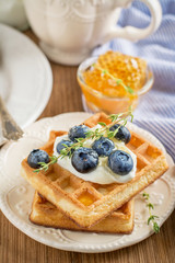 Homemade fresh crispy waffles for breakfast with blueberries and honey