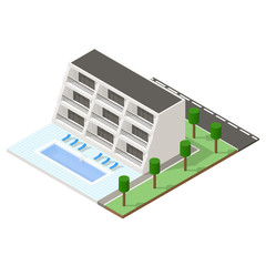 Beach hotel isometric icon set