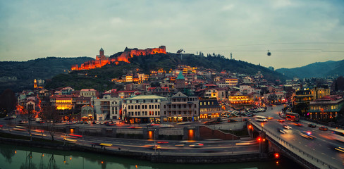 Aerial evening view of Old Tbilisi, Georgia