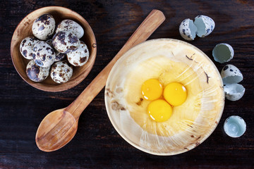 quail eggs, bowl, broken eggs