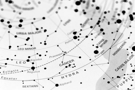 Cancer star map zodiac.
Star sign Cancer on an astronomy star map.