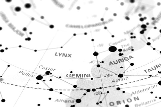Gemini star map zodiac.
Star sign Gemini on an astronomy star map.