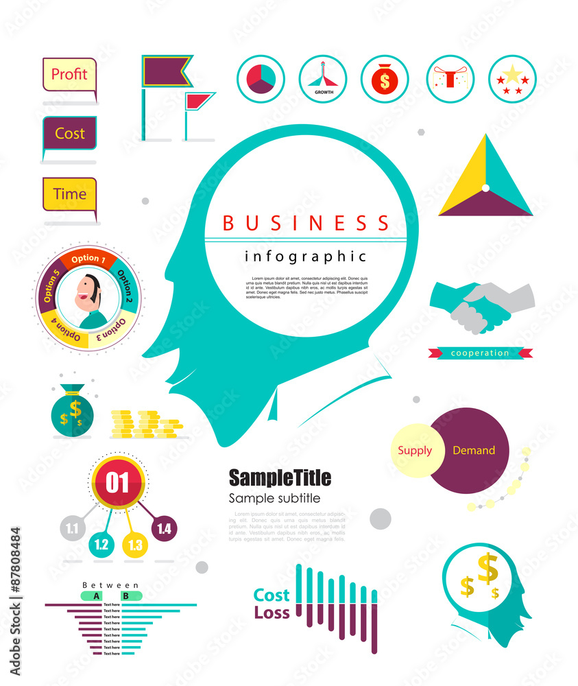 Aufkleber marketting infographic element. head brain. graph and chart for
