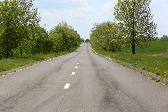 Asphalt road through the green field in spring day