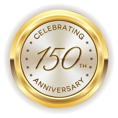 White 150th anniversary badge with gold border on white background
