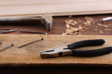 Workplace with construction tools close up