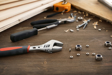 Workplace with construction tools close up