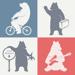 Vintage fun Illustration bear on a bike, bear hunter, travel bear and bear with musical guitar. Funny bears on a white background for posters and print T-shirts