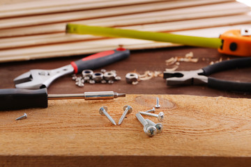 Workplace with construction tools close up