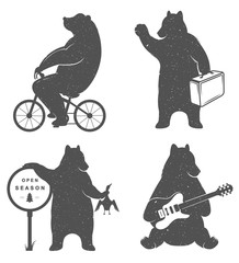 Vintage fun Illustration bear on a bike, bear hunter, travel bear and bear with musical guitar. Funny bears on a white background for posters and print T-shirts