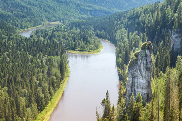 Panorama of rock  fucking finger in the woods and the river bottom