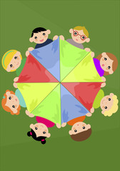 Children holding colourful scarf in a circle