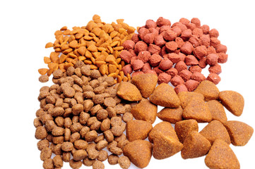 Dry dog food close up, isolated on white background