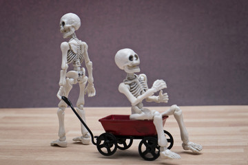 Fototapeta premium Skeletons playing toy wagon