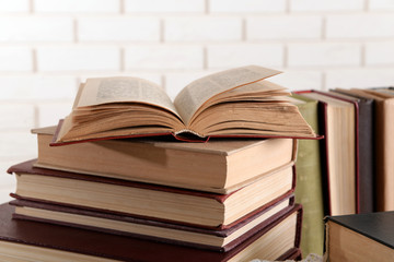 Heap of old books close up