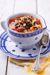 Soup with black beans,buckwheat, red pepper and corn.