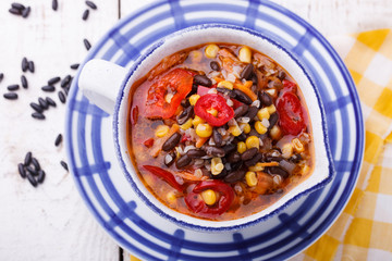 Soup with black beans,buckwheat, red pepper and corn.