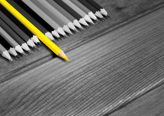 Black and white image of colored pencils with isolated yellow pe
