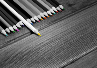 Black and white image of colored pencils with isolated pencil ag