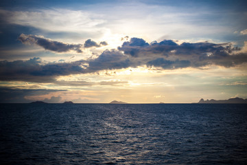 Panoramic dramatic sunset sky and tropical sea at dusk