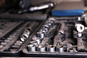 Different tools on workplace in garage