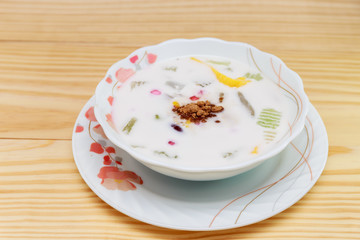 Mixed dessert in the white bowl