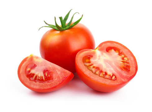 Red Tomatoes With Cut Isolated On White