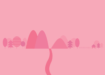 pink background flat style with mountain ,tree,christmas tree,ho