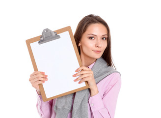 Woman showing a blank page of clipboard