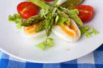 Plate of dietary salad with boiled asparagus and egg, closeup