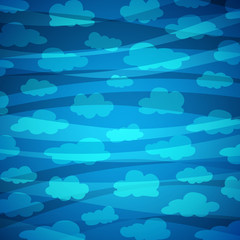 Blue background with a pattern from waves and cartoon clouds