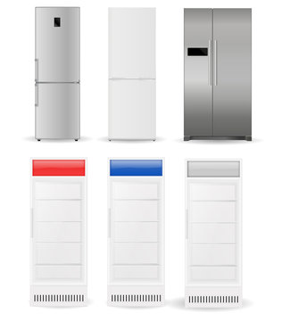 Refrigerators: silver, white, with two doors and glass doors 