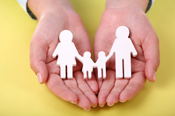Female hands holding toy family on color background