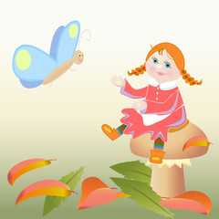 girl sitting on a mushroom and butterfly