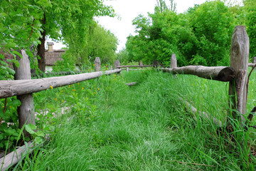 Fototapeta premium Wooden fence on nice green meadow