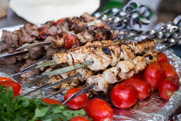 hot roasted shashlik on metal skewers
