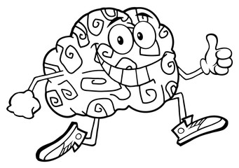 Black And White Brain Character Jogging And Giving A Thumb Up