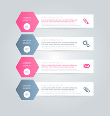 Business infographics tabs template for presentation, education, web design, banner, brochure, flyer. Pink and grey colors. Vector illustration.