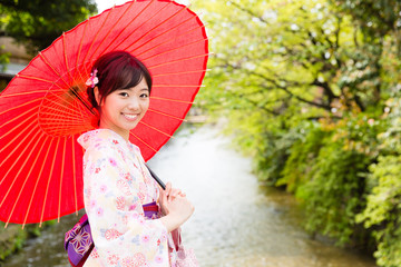 asian woman wearing kimono in Japan