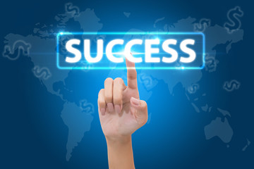 business, technology, internet and networking concept - business pressing success button on virtual screens