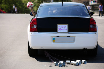 Wedding car with just married sign and cans