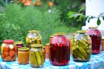 Fototapeta na wymiar Home canned vegetables in the garden in summer