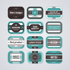 Collection of 12 rectangle badges in retro style. EPS10.